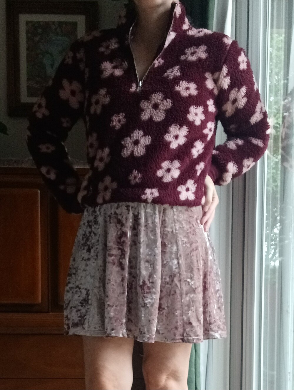 💗 3/$10 💗 Women’s Burgundy Floral Sherpa Half-Zip Jacket